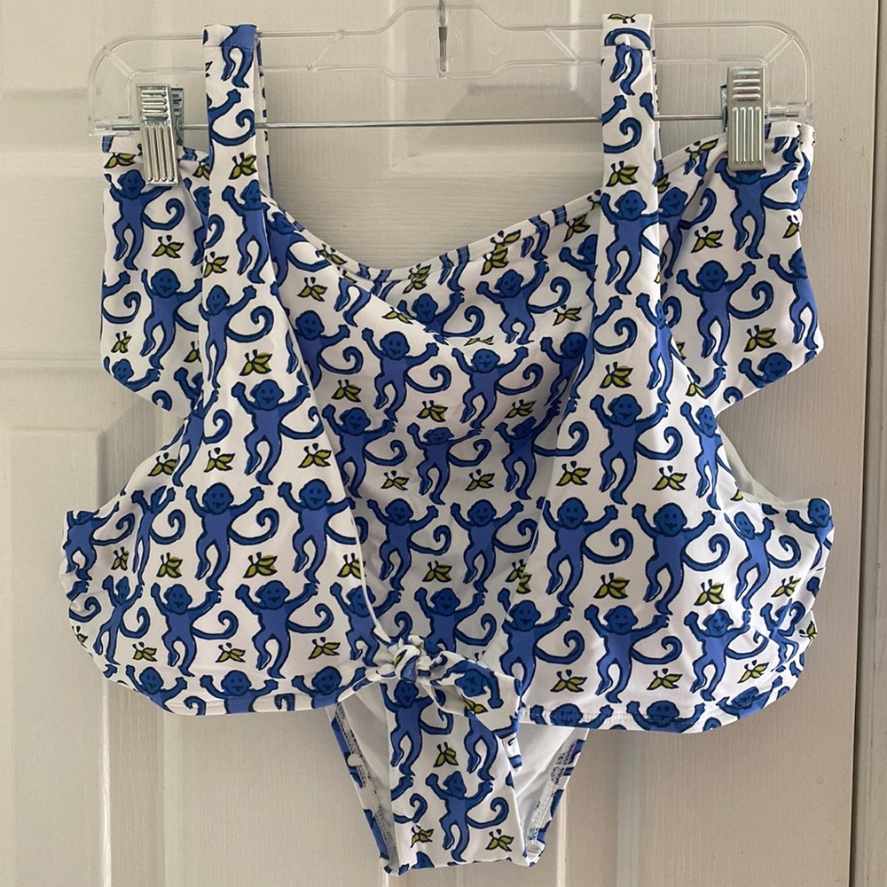 NWOT ROLLER RABBIT bikini, size XL, white/blue, monkey/banana pattern.
